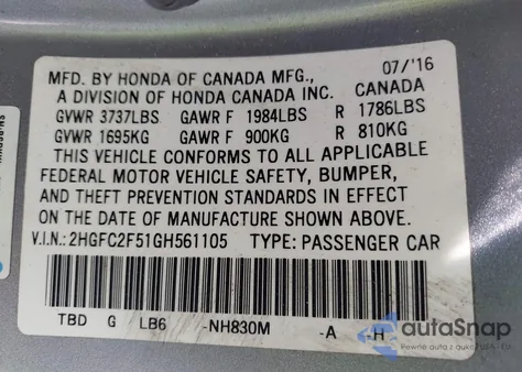 2016 Honda Civic Lx z USA, uszkodzony, nr VIN 2HGFC2F51GH561105